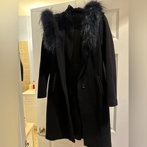 Mackage navy blue wool coat with fur trimmed hood. Size XS